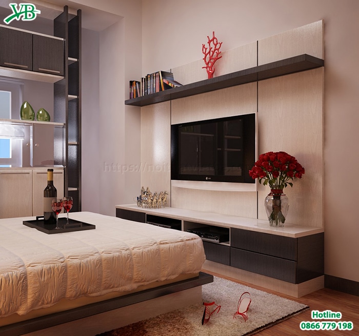 Trang trí kệ tivi phòng ngủ phong cách lãng mạn cho đôi vợ chồng trẻ
